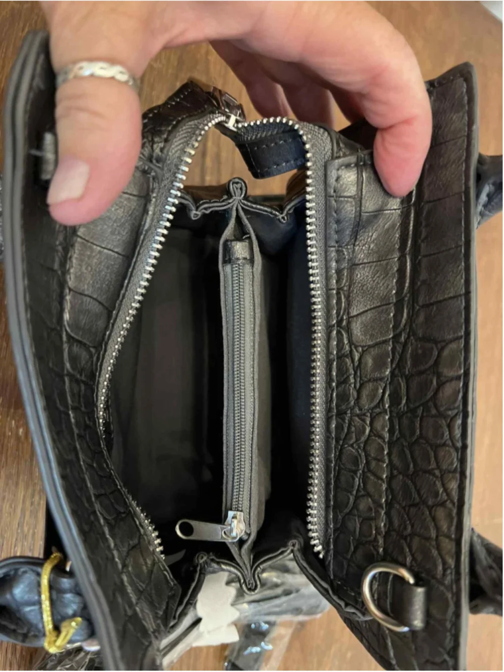 Bebe New Croc Embossed Structured Satchel Purse Handbag Large Black Top Handle